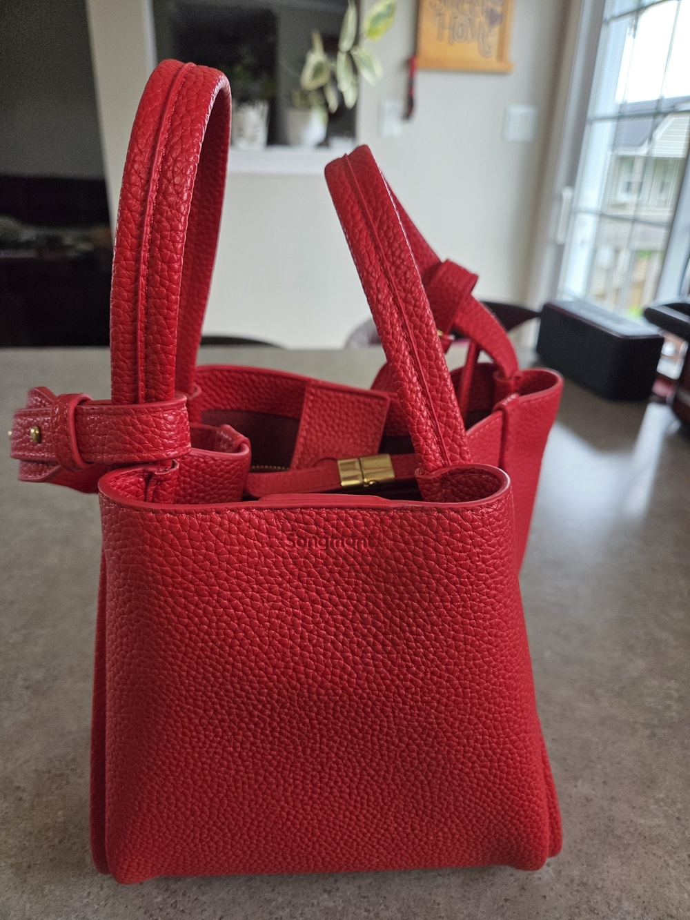 Red Pebbled Leather Tote Handbag